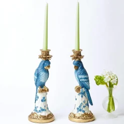 Best Mrs. Alice Blue & White Parrot Candle Holder (Pair)