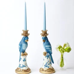 Best Mrs. Alice Blue & White Parrot Candle Holder (Pair)