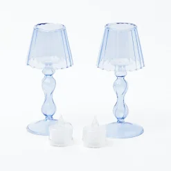 Clearance Mrs. Alice Blue Glass Lantern Tea Light Holder (Pair) - 18 Cm