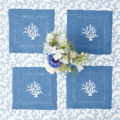 Discount Mrs. Alice Coral Blue Linen Cocktail Napkins (Set Of 4)