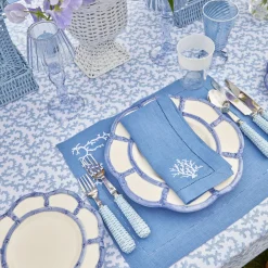 Hot Mrs. Alice Coral Blue Linen Placemats & Napkins (Set Of 4)