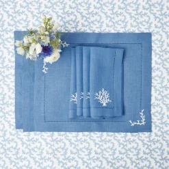 Hot Mrs. Alice Coral Blue Linen Placemats & Napkins (Set Of 4)