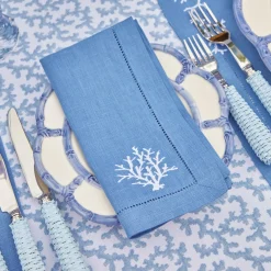Hot Mrs. Alice Coral Blue Linen Placemats & Napkins (Set Of 4)