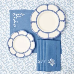Hot Mrs. Alice Coral Blue Linen Placemats & Napkins (Set Of 4)