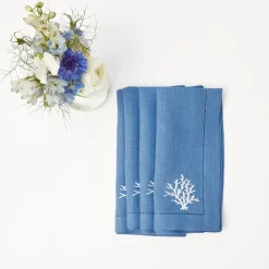 Hot Mrs. Alice Coral Blue Linen Placemats & Napkins (Set Of 4)