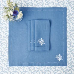 Hot Mrs. Alice Coral Blue Linen Placemats & Napkins (Set Of 4)