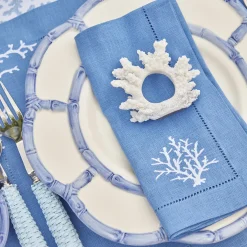 Hot Mrs. Alice Coral Blue Linen Placemats & Napkins (Set Of 4)