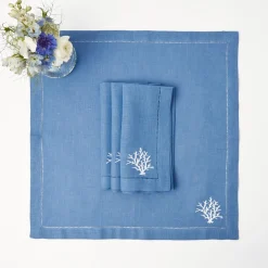 Hot Mrs. Alice Coral Blue Linen Placemats & Napkins (Set Of 4)