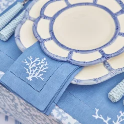 Hot Mrs. Alice Coral Blue Linen Placemats & Napkins (Set Of 4)