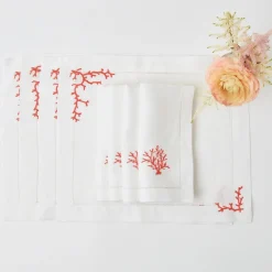 Clearance Mrs. Alice Coral Linen Placemats & Napkins (Set Of 4)