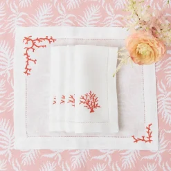 Clearance Mrs. Alice Coral Linen Placemats & Napkins (Set Of 4)