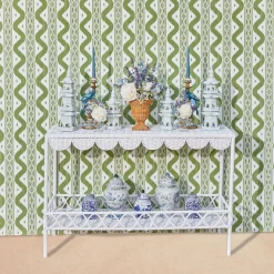Online Mrs. Alice Madeleine White Rattan Scalloped Console Table