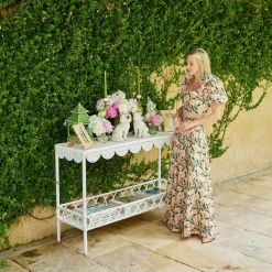 Mrs. Alice Madeleine White Rattan Scalloped Console Table