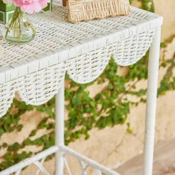 Mrs. Alice Madeleine White Rattan Scalloped Console Table