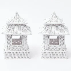 Hot Mrs. Alice Mini White Rattan Pagoda Lanterns (Pair)