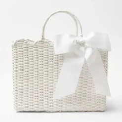 Sale Mrs. Alice White Rattan Tote Bag (White Bow)