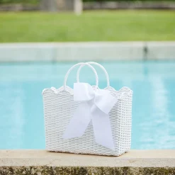 Sale Mrs. Alice White Rattan Tote Bag (White Bow)