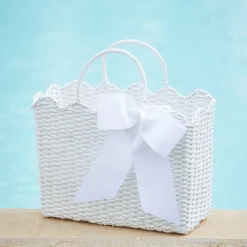 Sale Mrs. Alice White Rattan Tote Bag (Blue Bow)