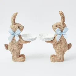 Hot Mrs. Alice Rattan Blue Ribboned Rabbit With Basket (Pair)