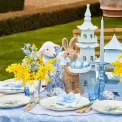 Hot Mrs. Alice Rattan Blue Ribboned Rabbit With Basket (Pair)
