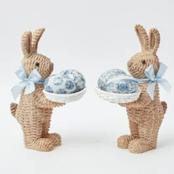 Hot Mrs. Alice Rattan Blue Ribboned Rabbit With Basket (Pair)