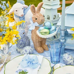 Hot Mrs. Alice Rattan Blue Ribboned Rabbit With Basket (Pair)