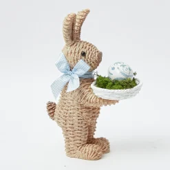 Hot Mrs. Alice Rattan Blue Ribboned Rabbit With Basket (Pair)