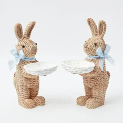Hot Mrs. Alice Rattan Blue Ribboned Rabbit With Basket (Pair)
