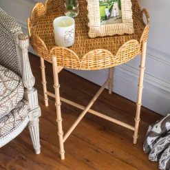Sale Mrs. Alice Round Scalloped Rattan Tray With Stand