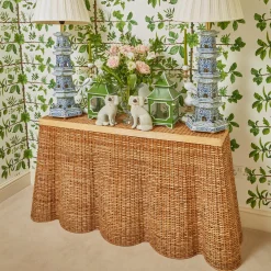 Online Mrs. Alice Vivienne Rattan Scalloped Console Table