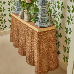 Online Mrs. Alice Vivienne Rattan Scalloped Console Table